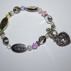 🌈💖 Silver & Colorful Beaded Bracelet – 8.25" Toggle · Heart Charm ·